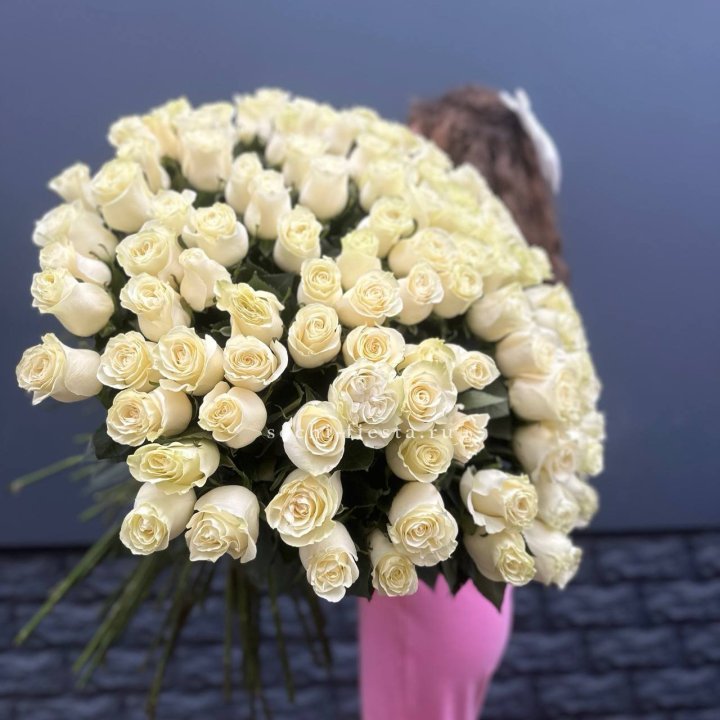 101 белая высокая импортная роза под ленту в Благовещенске